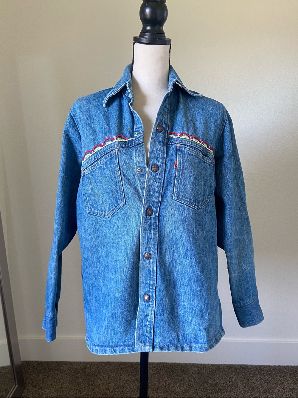 Levi’s 1960s Orange Tag Label Chambray Jacket Shirt Floral Heart Embroidery